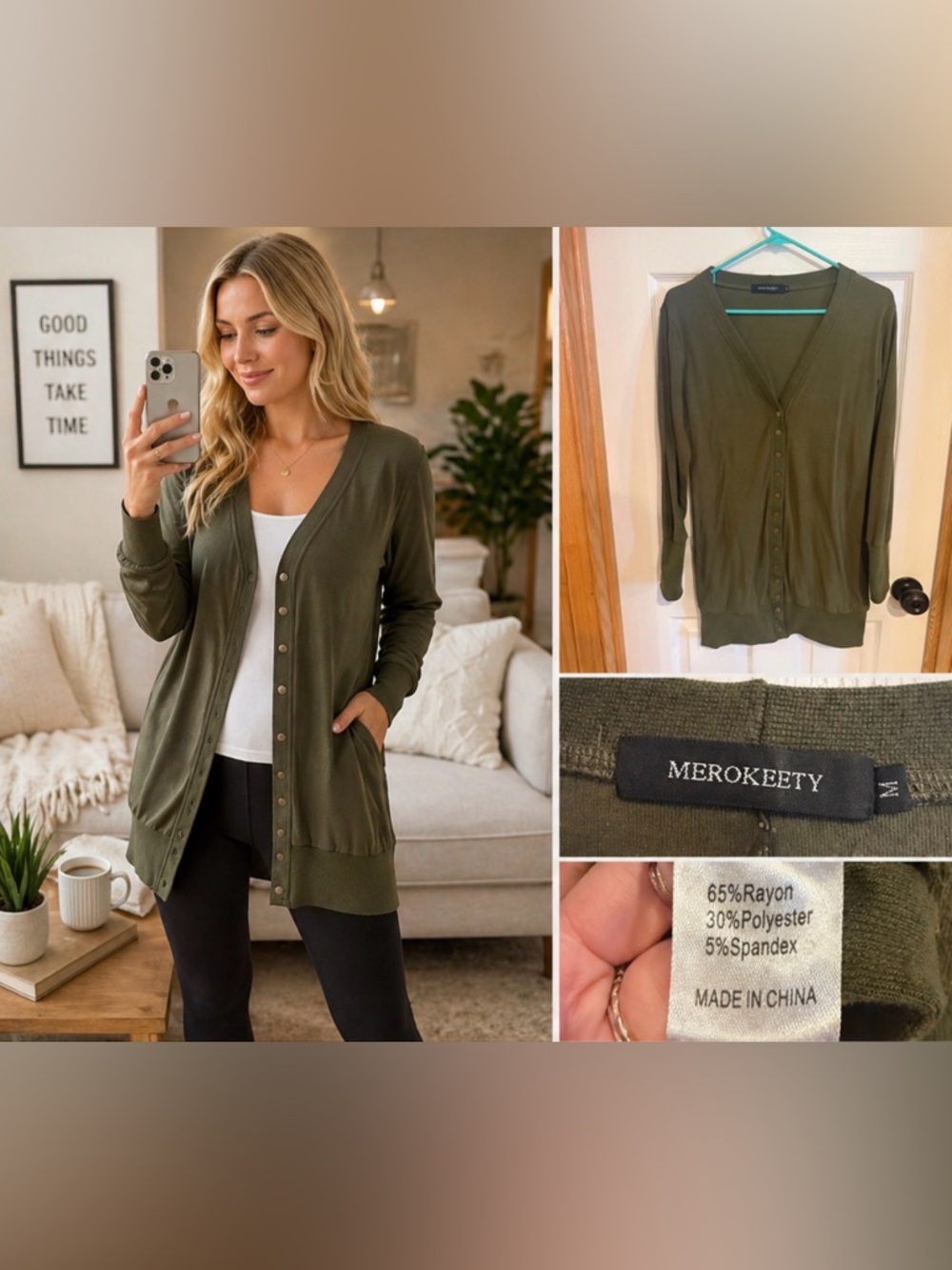 226 Merokeety Olive Green Snap Button Cardigan Tunic Top Long Sleeve M Stretch